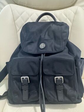 Tory Burch Black Nylon Backpack with Silver Hardware